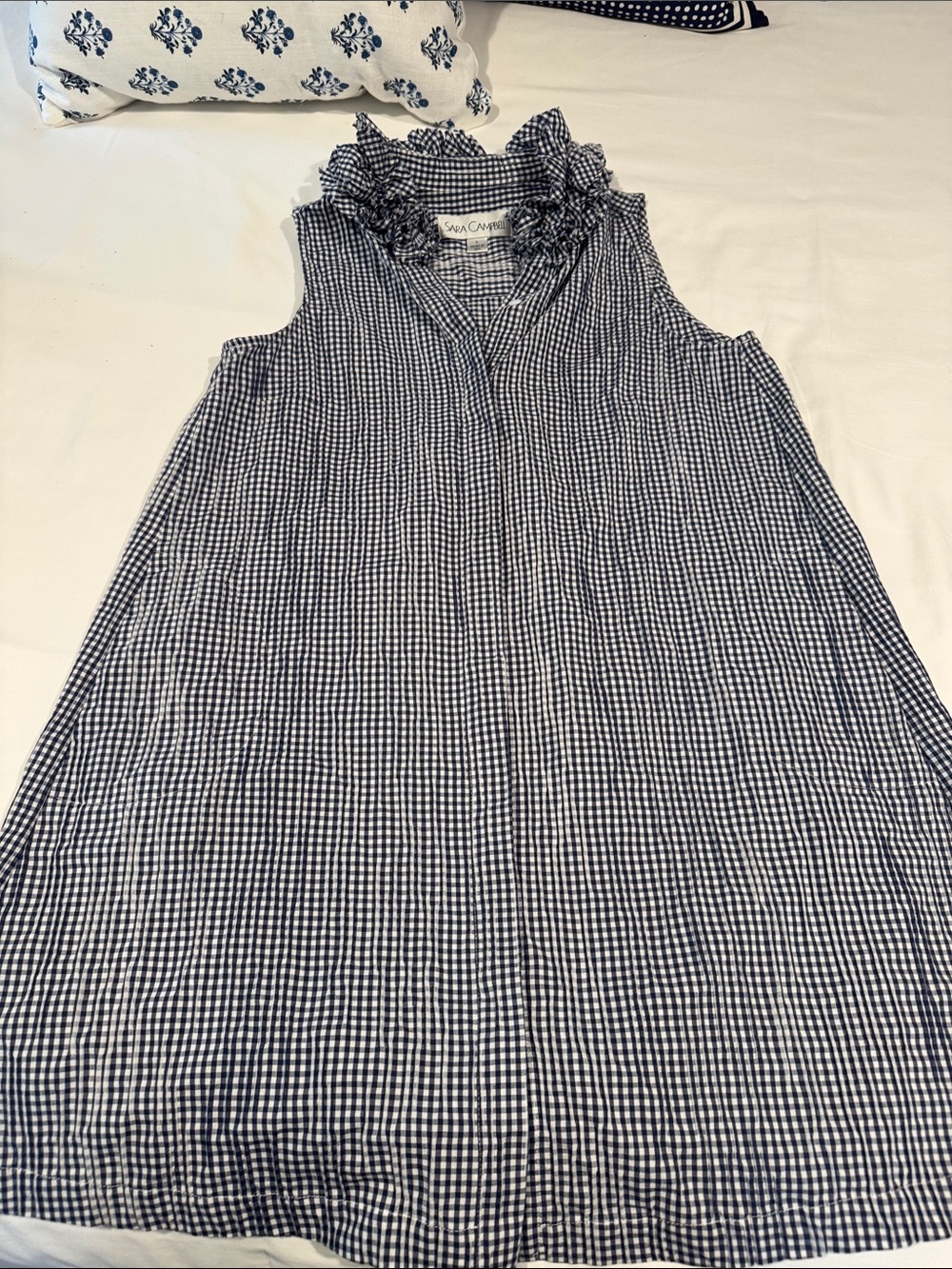 Sara Campbell Navy Gingham Ruffle-Neck Sleeveless Dress